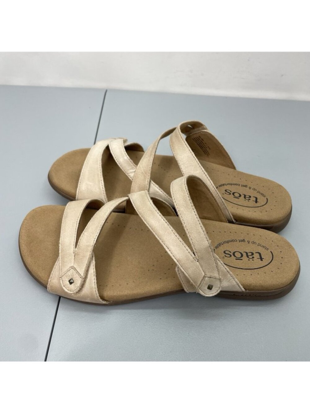 Taos Double U Slide Sandals Comfort Strappy Slip On Leather Cream Womens 8 - Picture 7 of 12